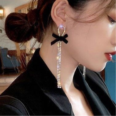 Shiny Black Bow Knot Rhinestone Drop Earrings