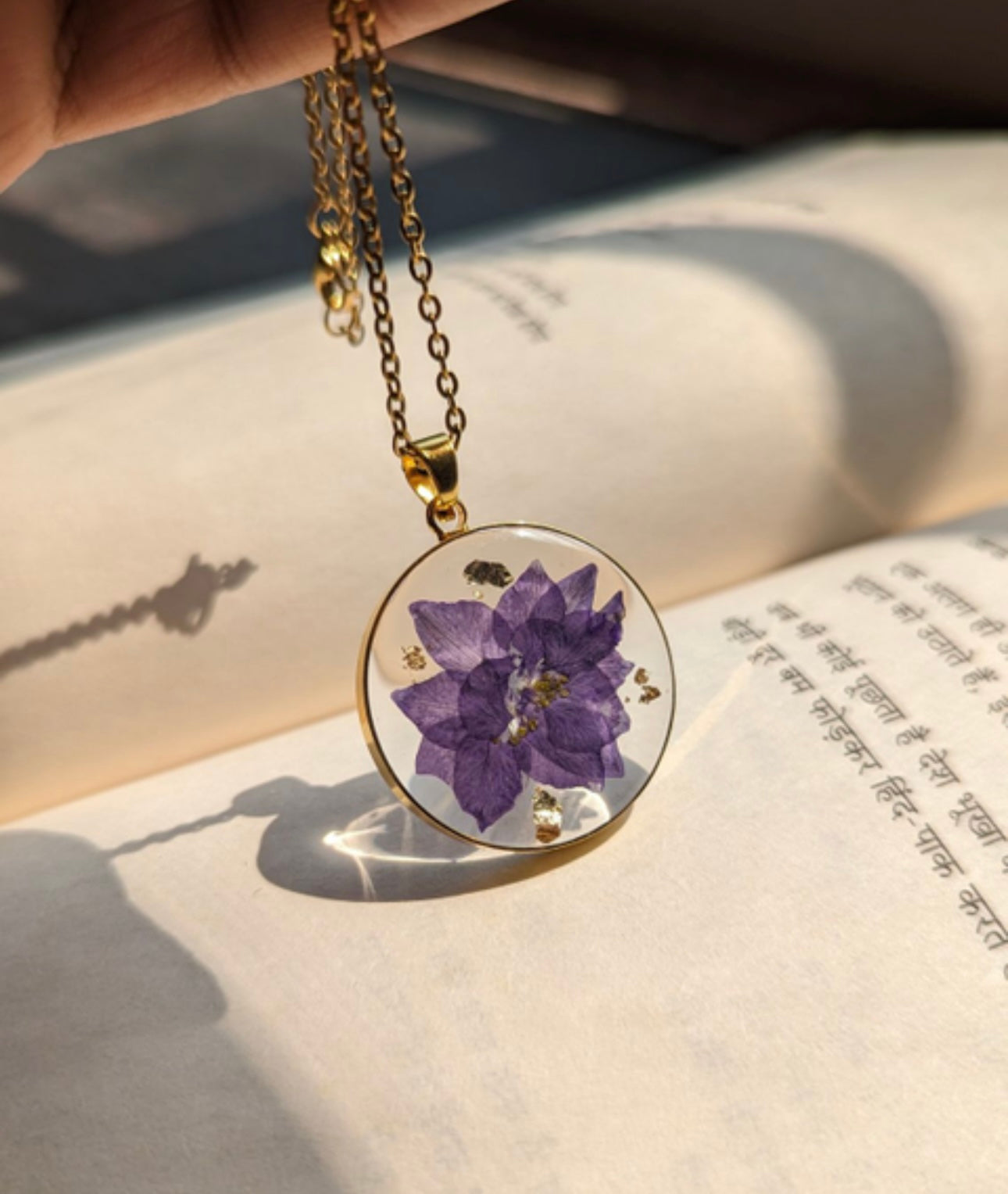 Real Delphinium Consolida Purple Larkspur Flower Pendant