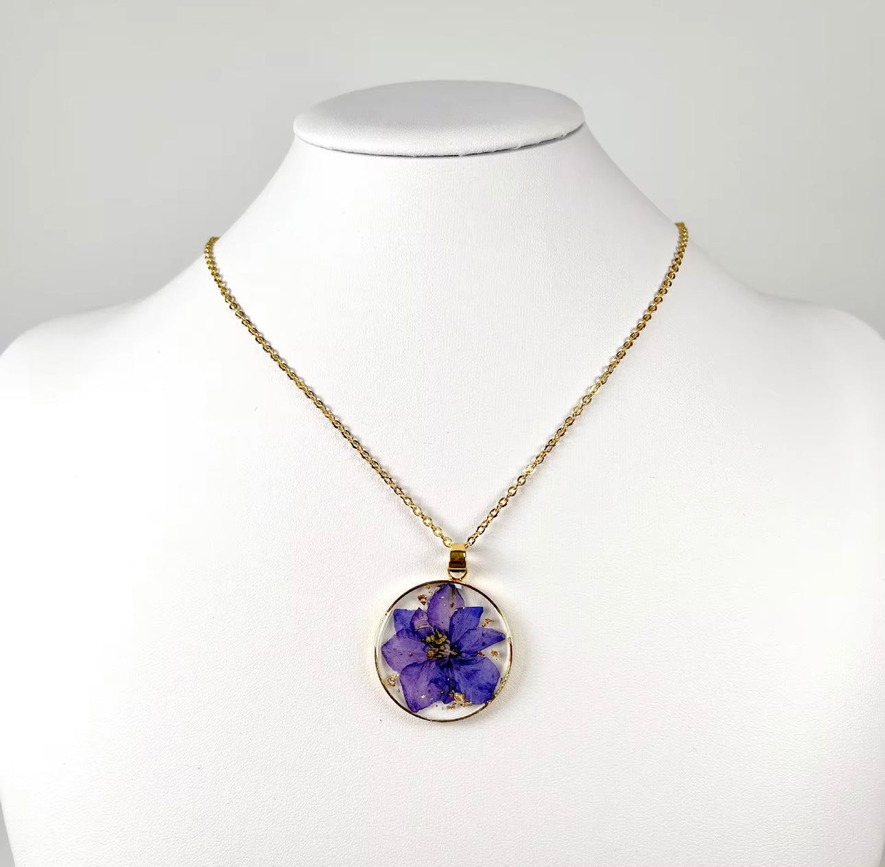 Real Delphinium Consolida Purple Larkspur Flower Pendant