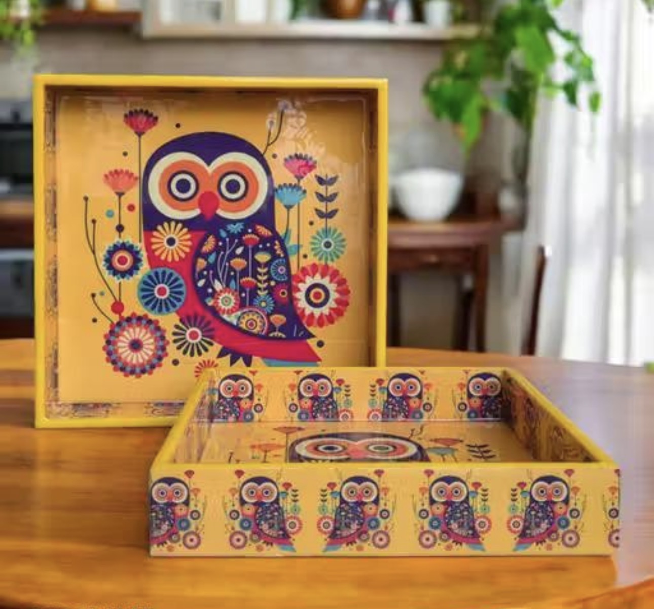 Premium Mango Wood Owl Print Trays - Set of 2