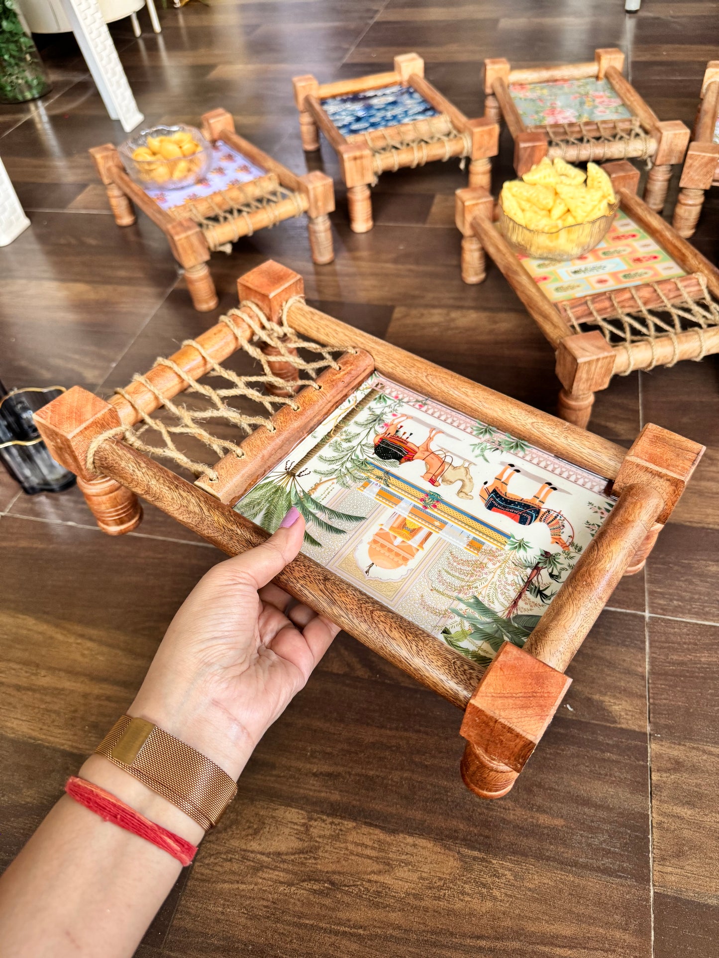 Aapno Rajasthan Ethnic Print Wooden Khatiya/Cot Tray