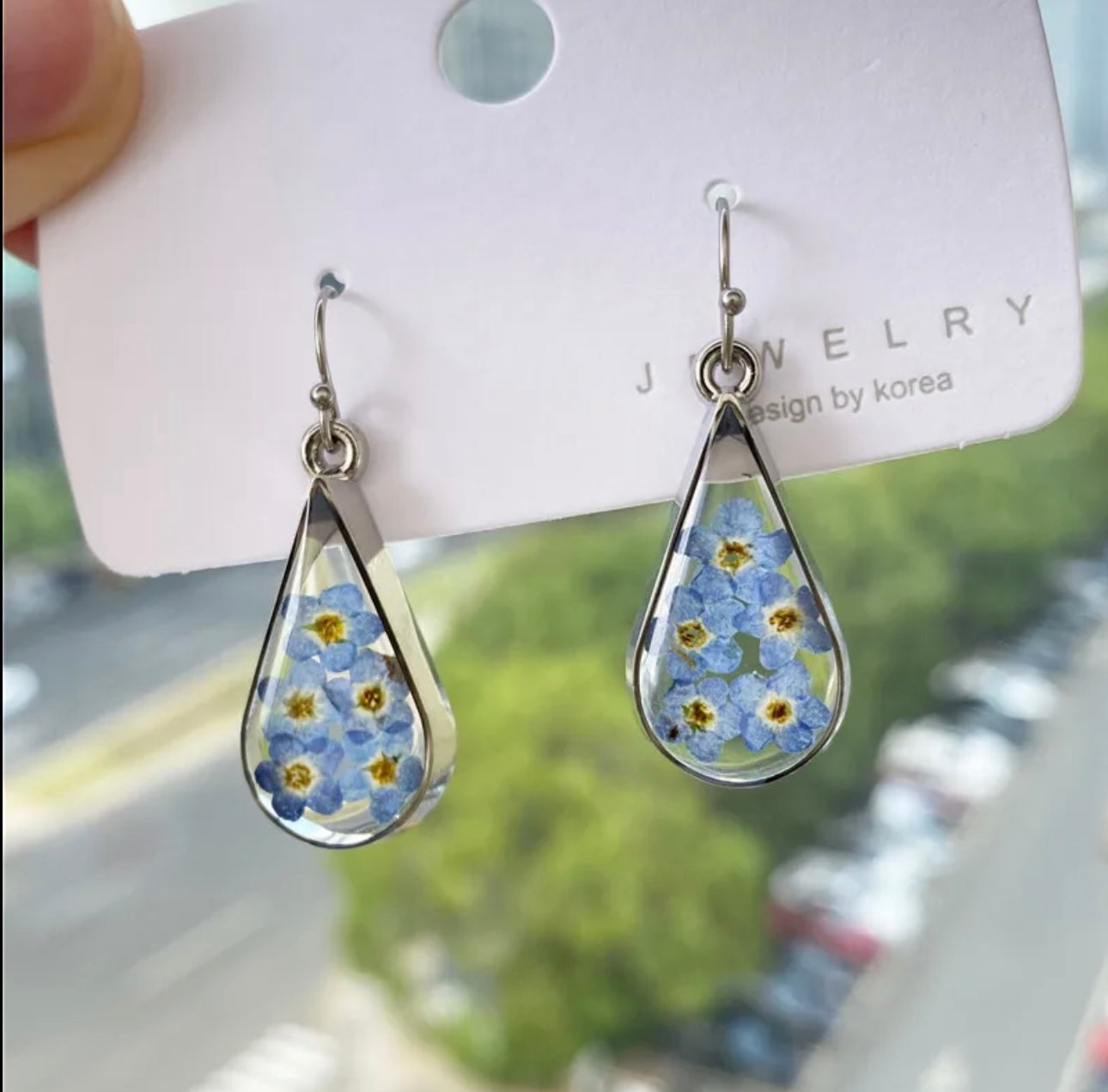 Earrings with Real Forget-Me-Not Pressed Flowers