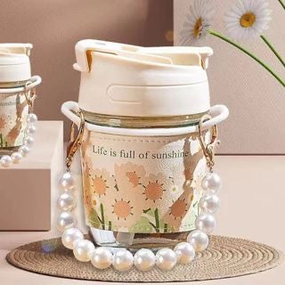 Aesthetic Spring Tulip Glass Cup With Pearl Chain