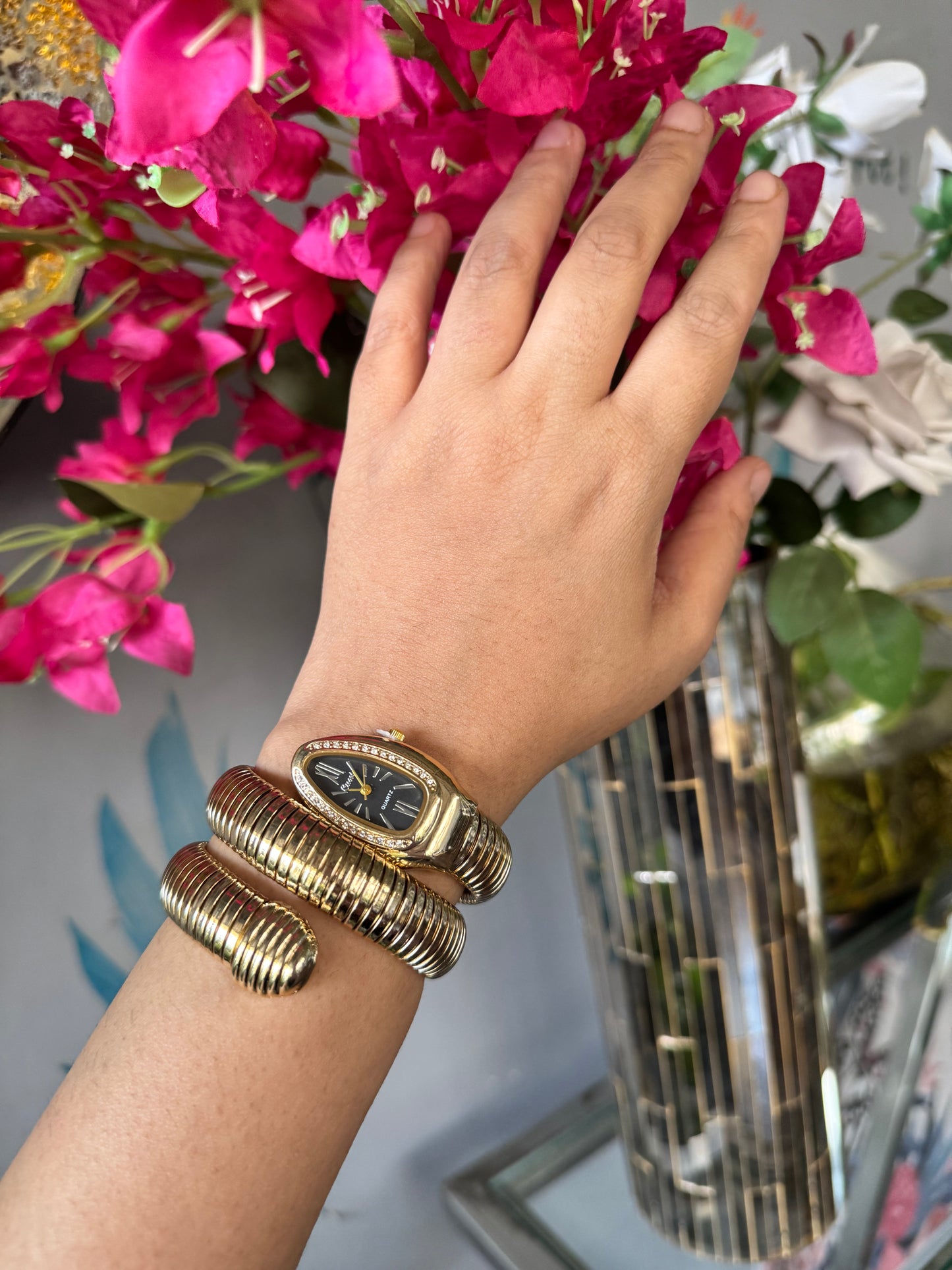 Exquisite Gold Plated Spiral Snake Watch / Serpentine Bracelet