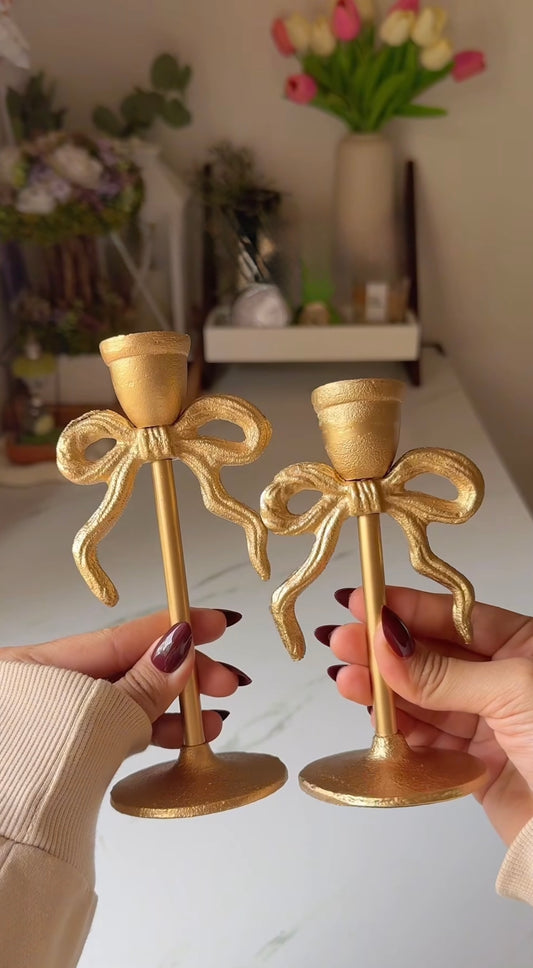Aesthetic Gold Bows Candle Holder - Set of 2