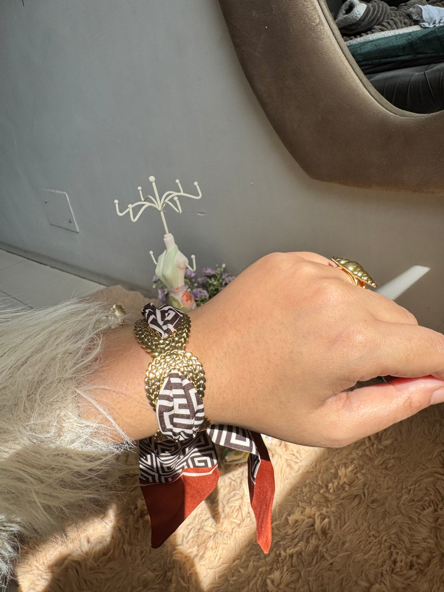 Premium Metal Cuff Statement Adjustable Bracelet with Satin Scarf