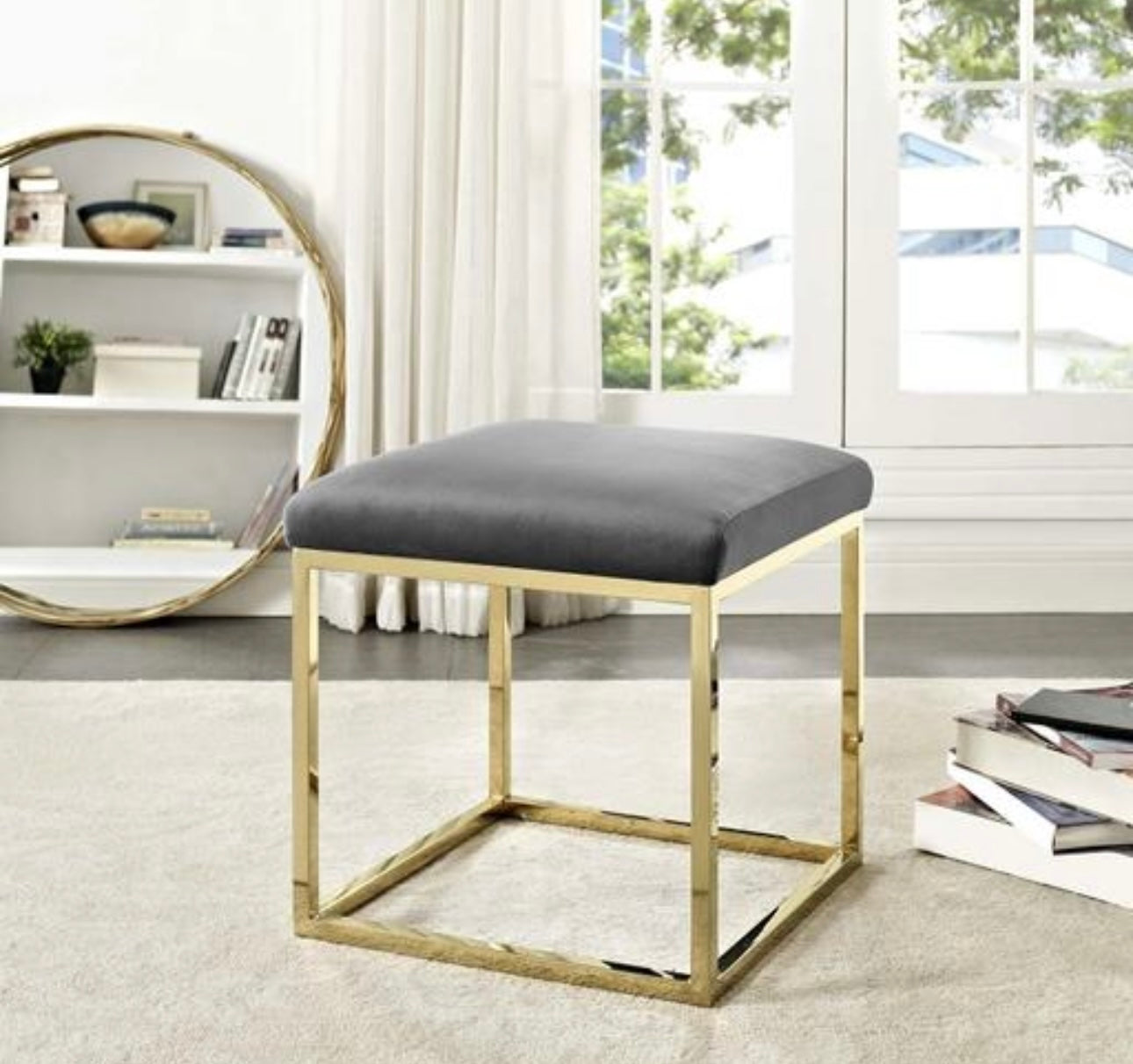 Contemporary Glam Velvet Square Ottoman with Metal Base