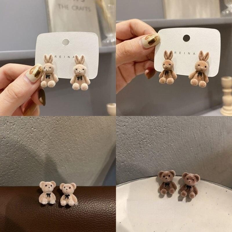 Cute Mini Bear & Bunny Plush Earrings - 2 Pairs