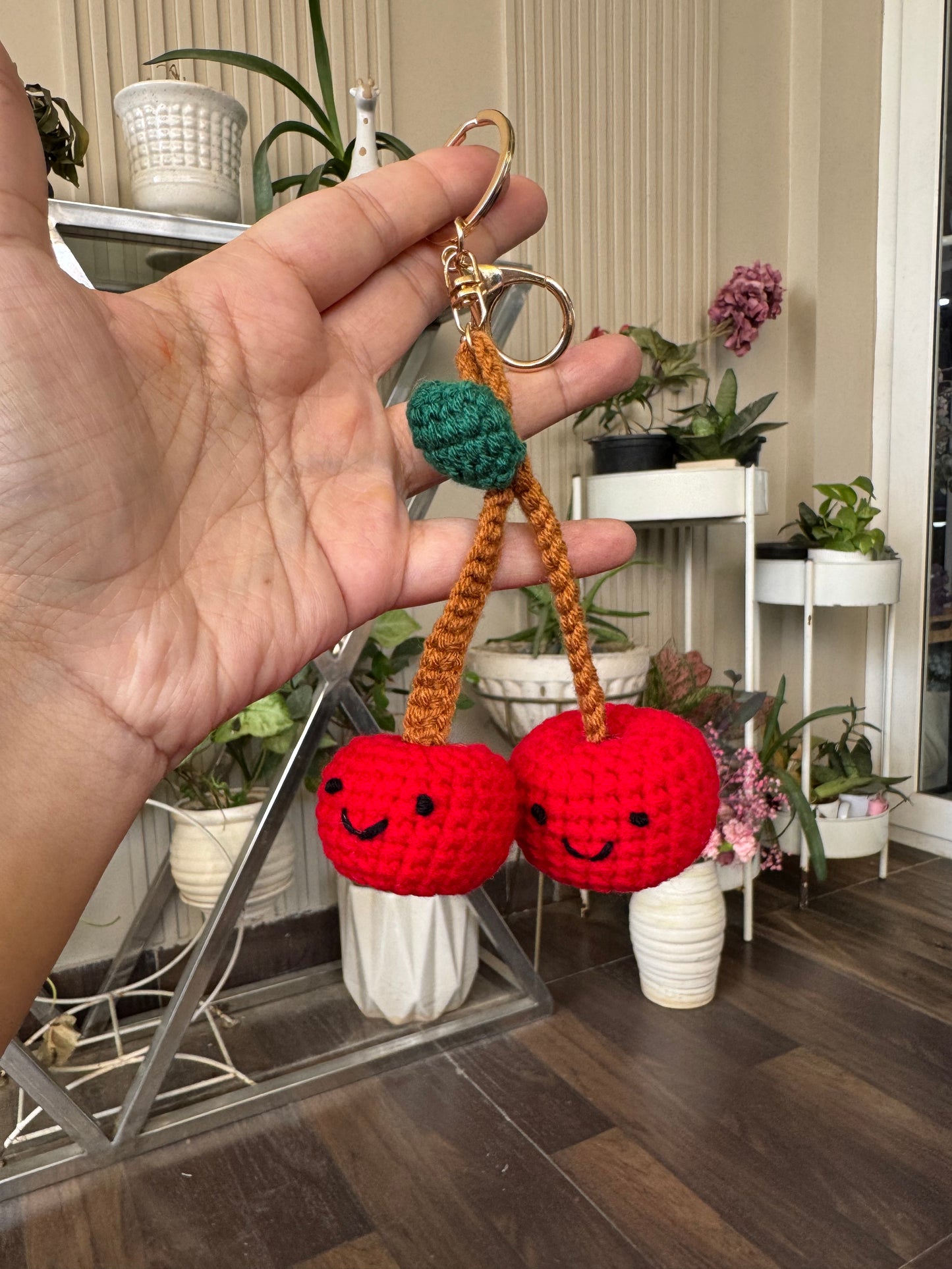 Handmade Crochet Smiling Cherry Keychain