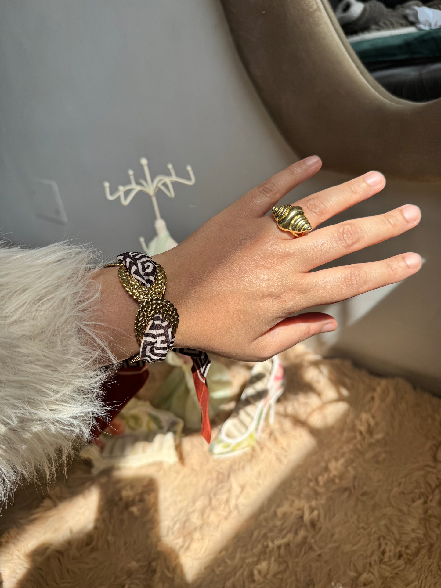 Premium Metal Cuff Statement Adjustable Bracelet with Satin Scarf