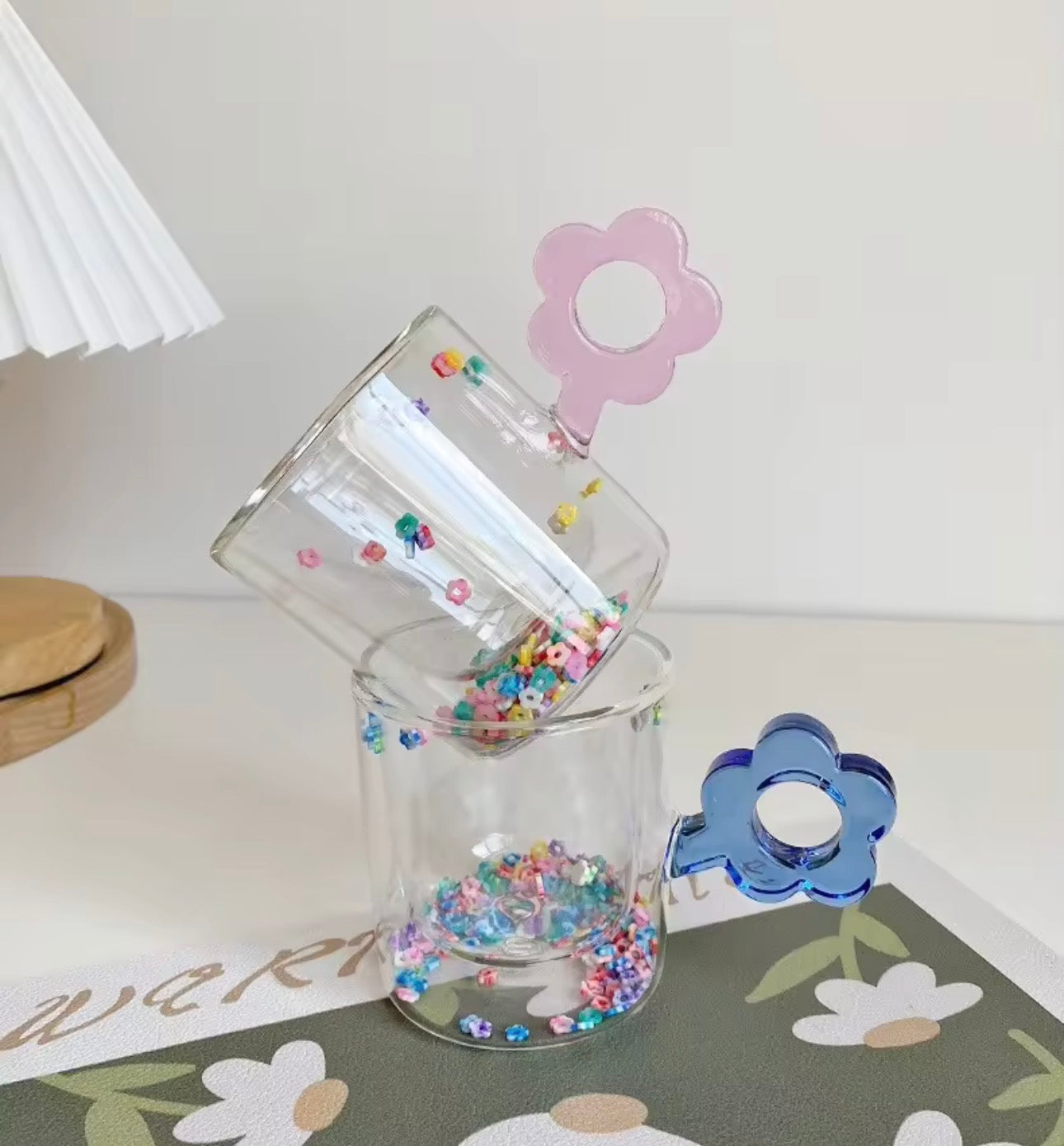 Elegant Double Wall Confetti Inside Glass Coffee Mug with Flower Handle