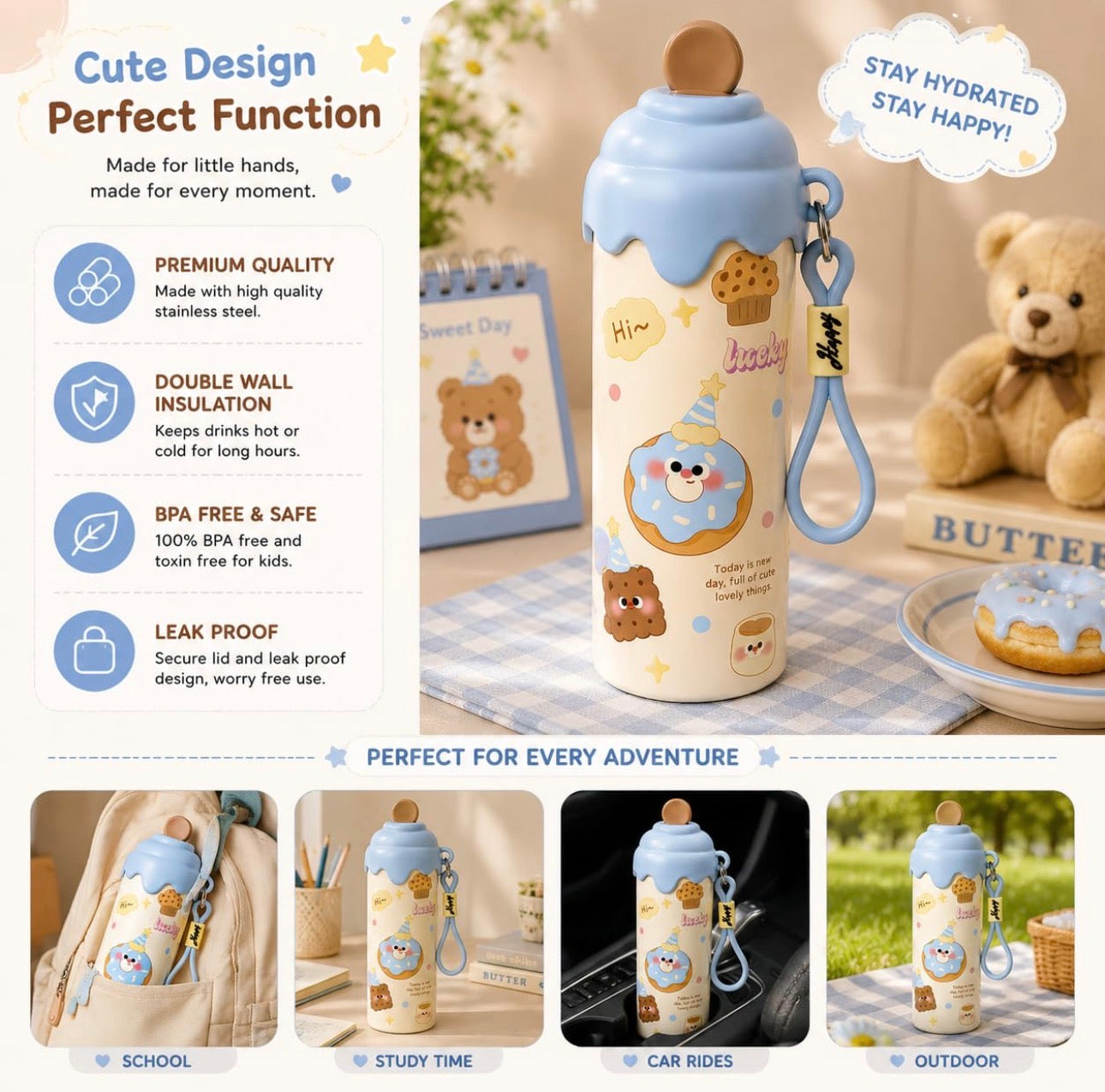 Cute Ice Cream Insulated Tumbler with Straw (600 ml)