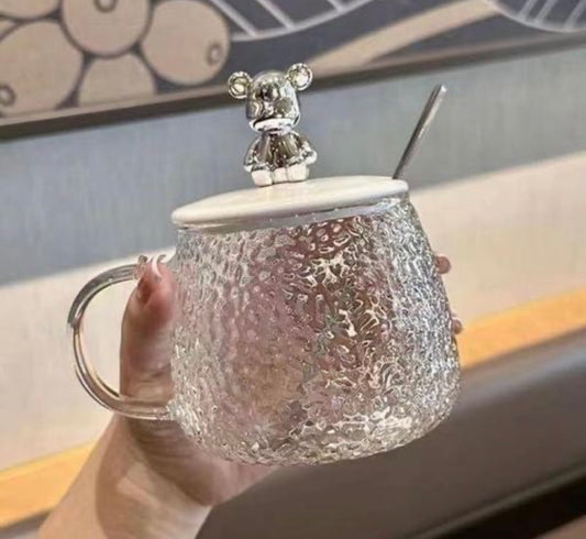 Frosted Glass Tumbler with Straw & Teddy Lid