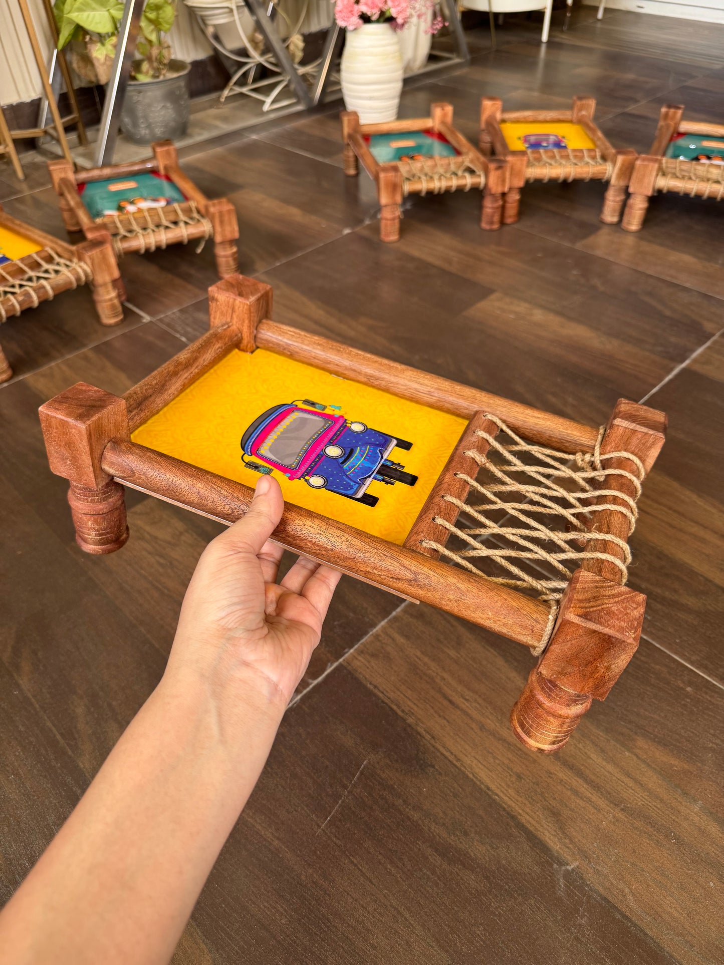 Ethnic “Auto Riksha” Print Wooden Khatiya Tray/ Khaat Tray / Khaat Platter / Khatiya Platter / Cot Tray