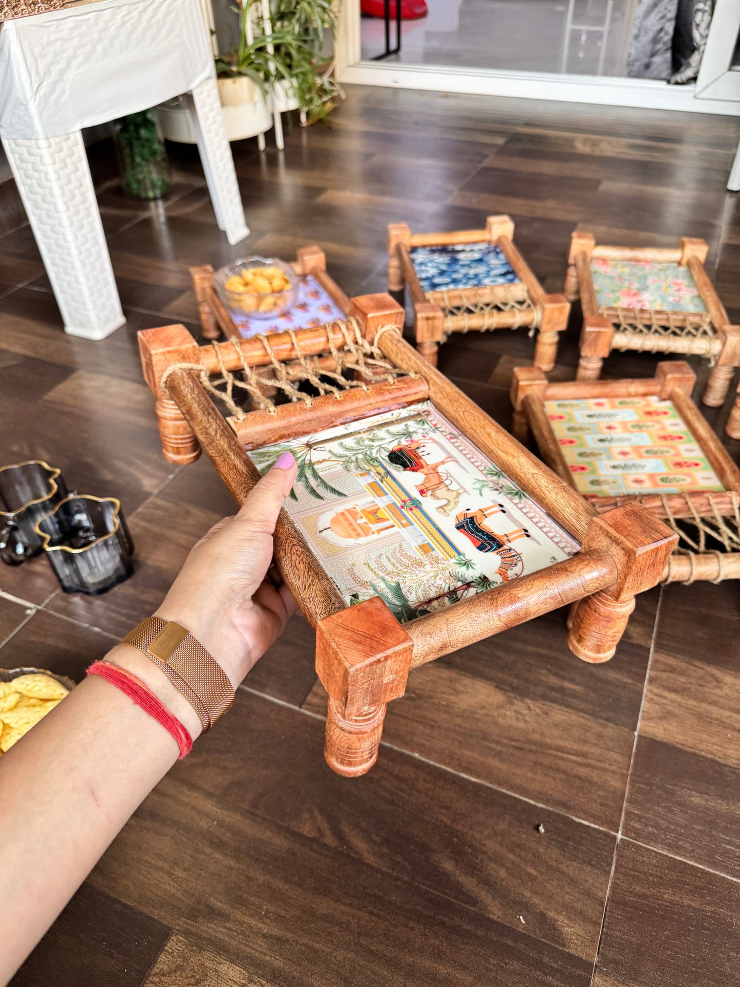 Aapno Rajasthan Ethnic Print Wooden Khatiya/Cot Tray