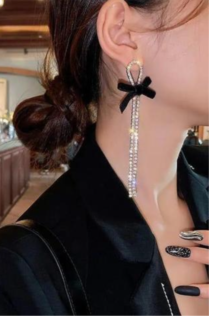 Shiny Black Bow Knot Rhinestone Drop Earrings