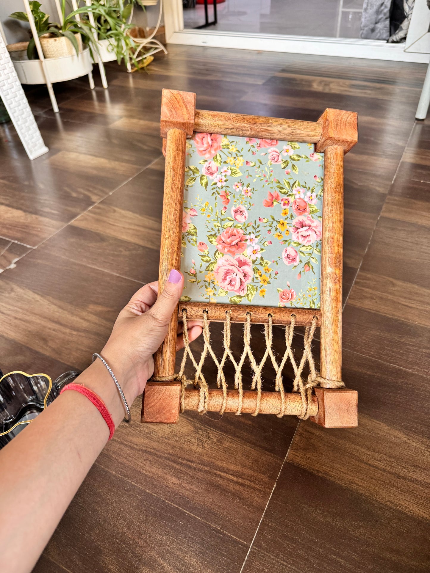 Exquisite Floral Print Wooden Khatiya/Cot Tray
