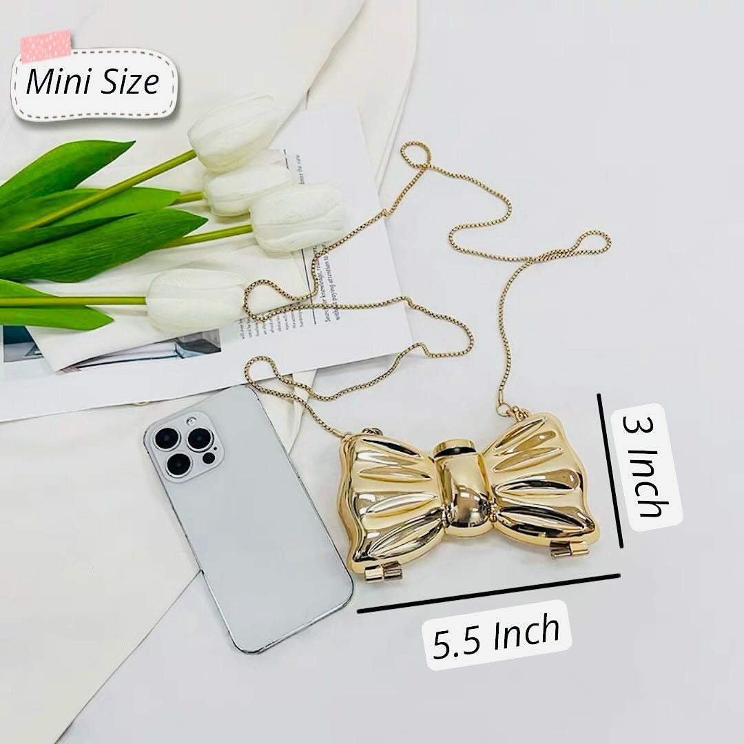 Mini Metal Bow Crossbody Bag, Mini Gold Bow Sling Bag
