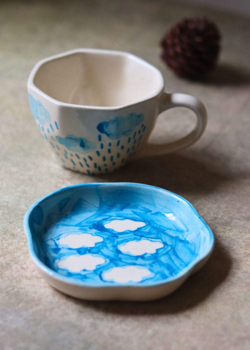 Aesthetic Blue & White Rain & Clouds Mug & Saucer Set