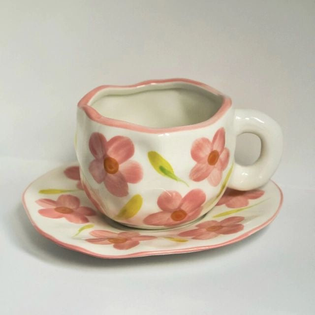 White & Pink Flowers Mug & Saucer Set