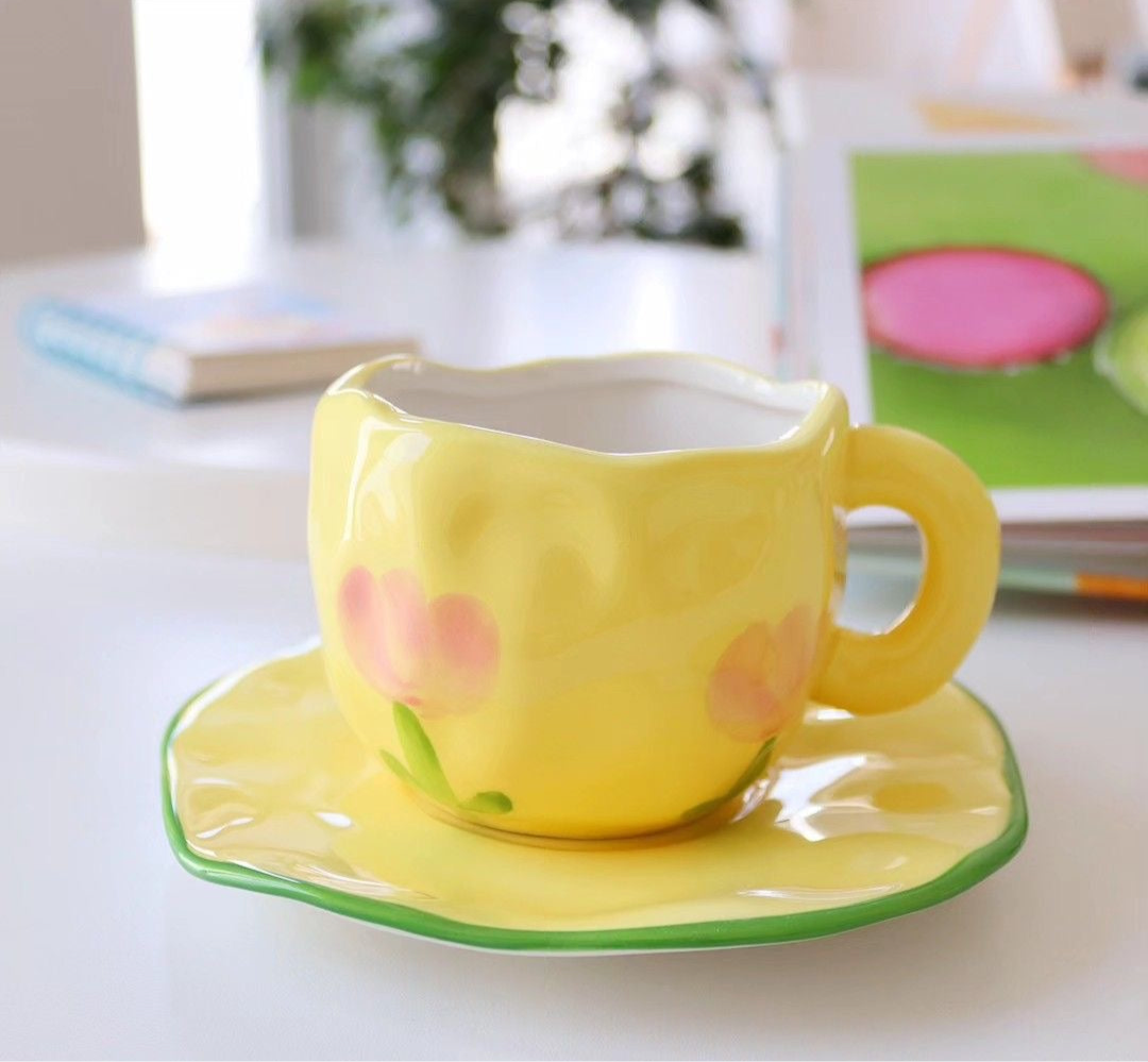 Yellow & Pink Tulip Flowers Mug & Saucer Set