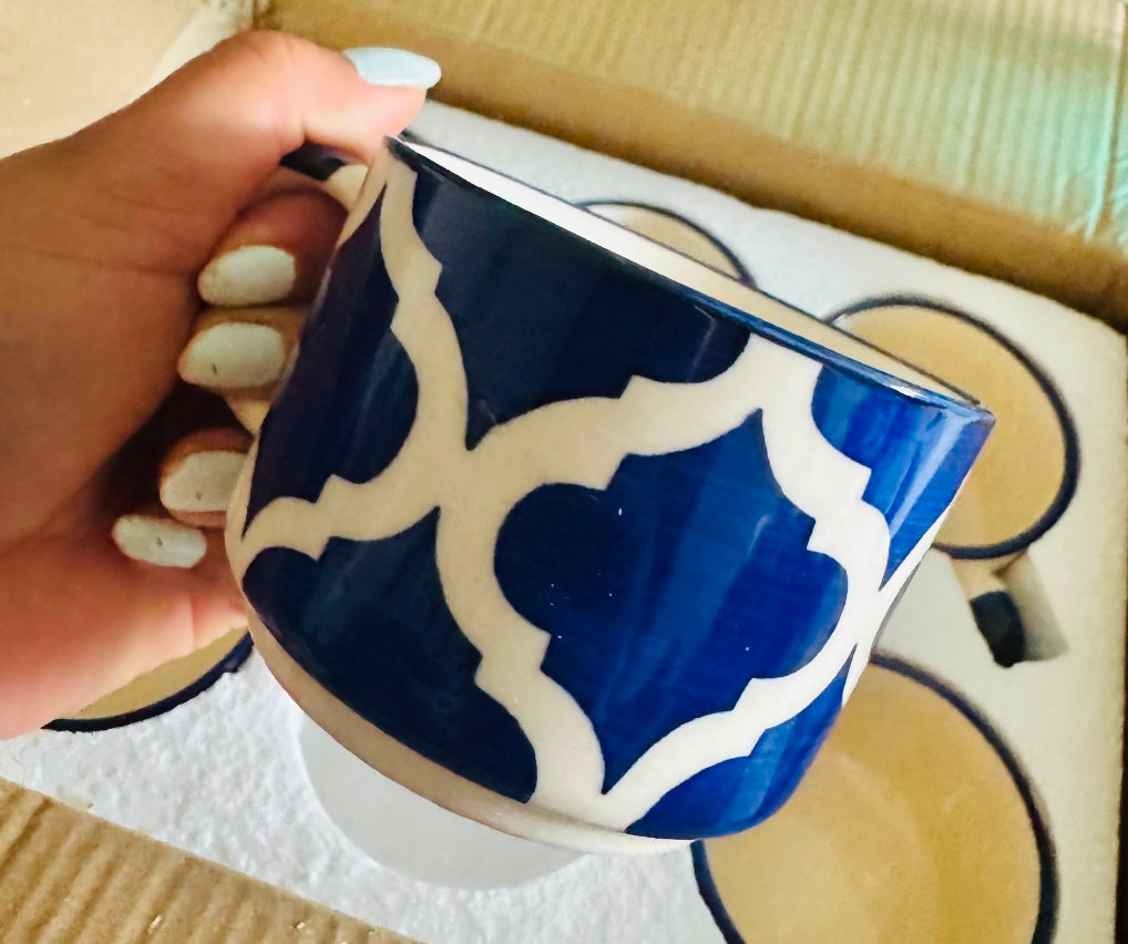 Moroccan Blue & White Ceramic Cups - Set of 6