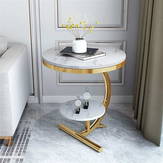 Gold 2-Tier Side Table with White Faux Marble Top