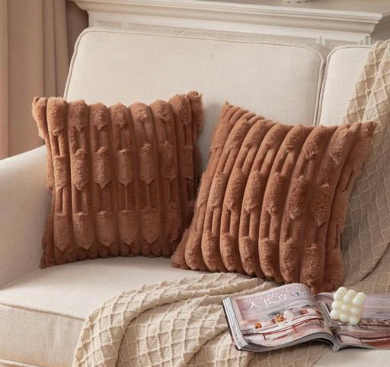 Striped Plush Faux Fur Pillow Covers - Set of 2