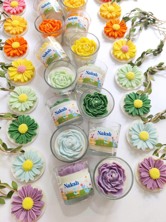 Flower Votive Candles for Return Gifts/Favours with Packaging & Personalised Tags/Stickers