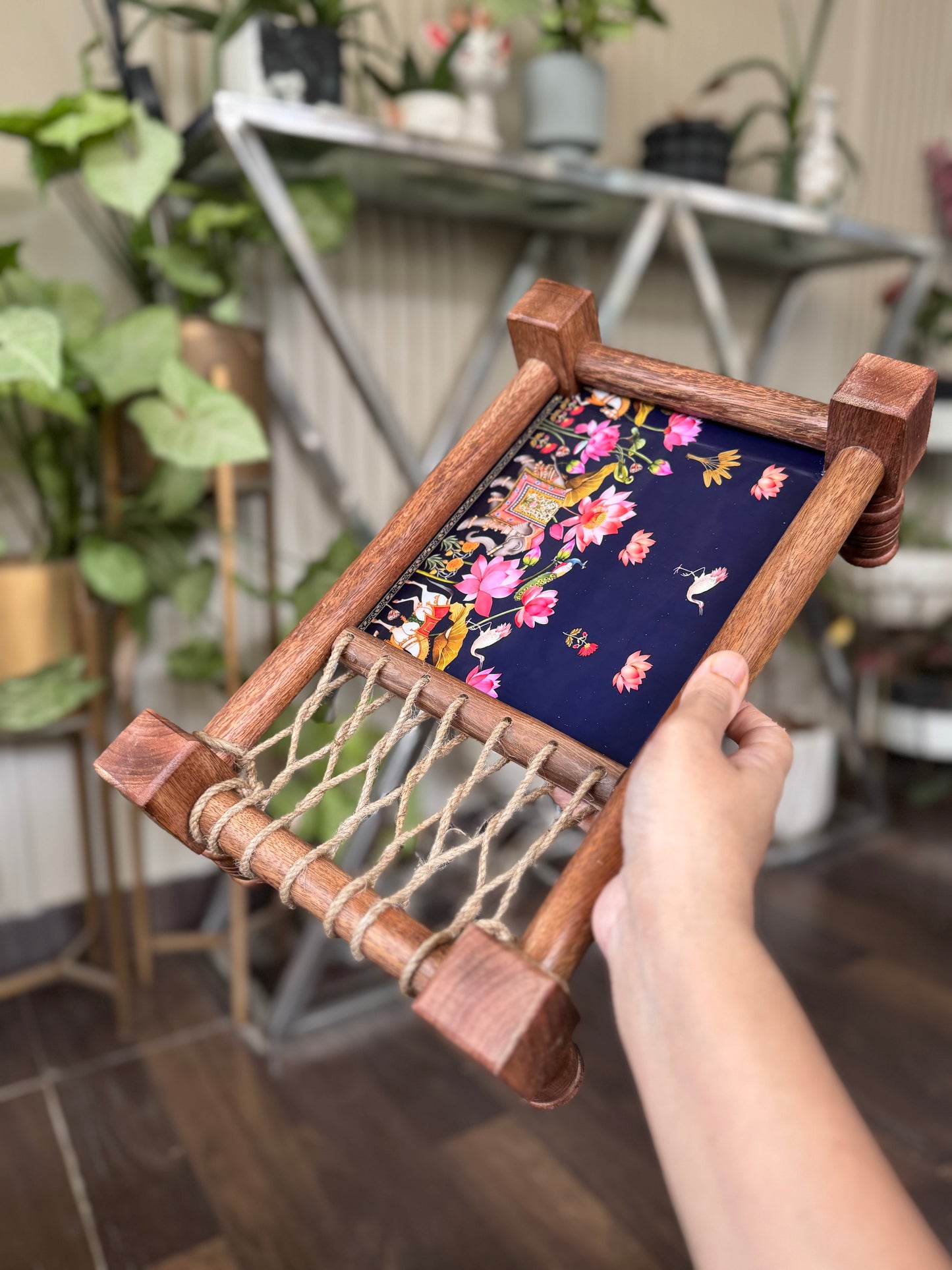 Heritage Lotus Print Wooden Khatiya Tray/ Khaat Tray / Khaat Platter / Khatiya Platter / Cot Tray