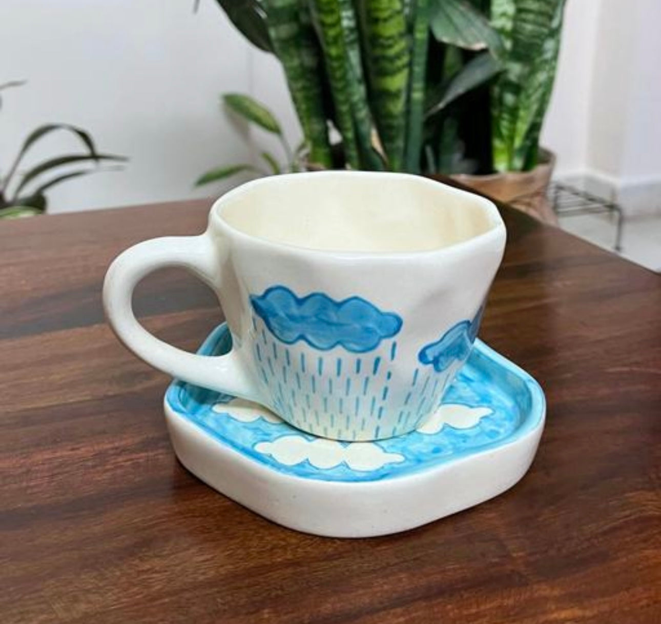 Aesthetic Blue & White Rain & Clouds Mug & Saucer Set