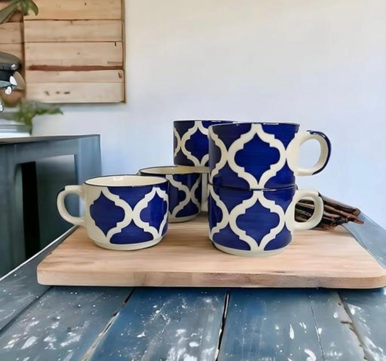 Moroccan Blue & White Ceramic Cups - Set of 6