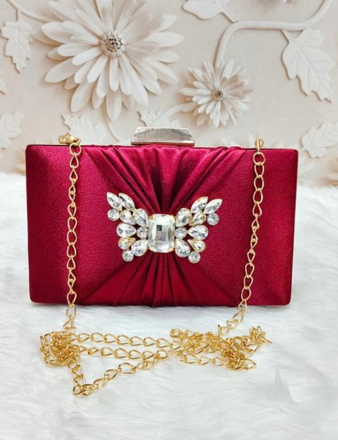 Elegant Satin Box Party Clutch Bag with Decorative Rhinestones Embellishments