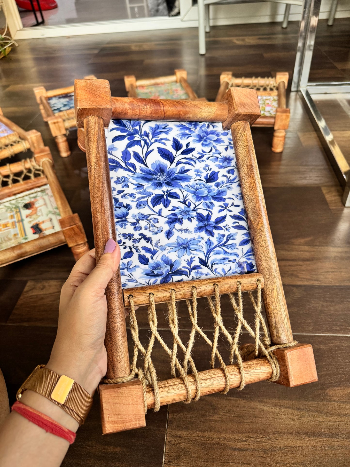 Traditional Blue Pichwai Print Wooden Khatiya/Cot Tray