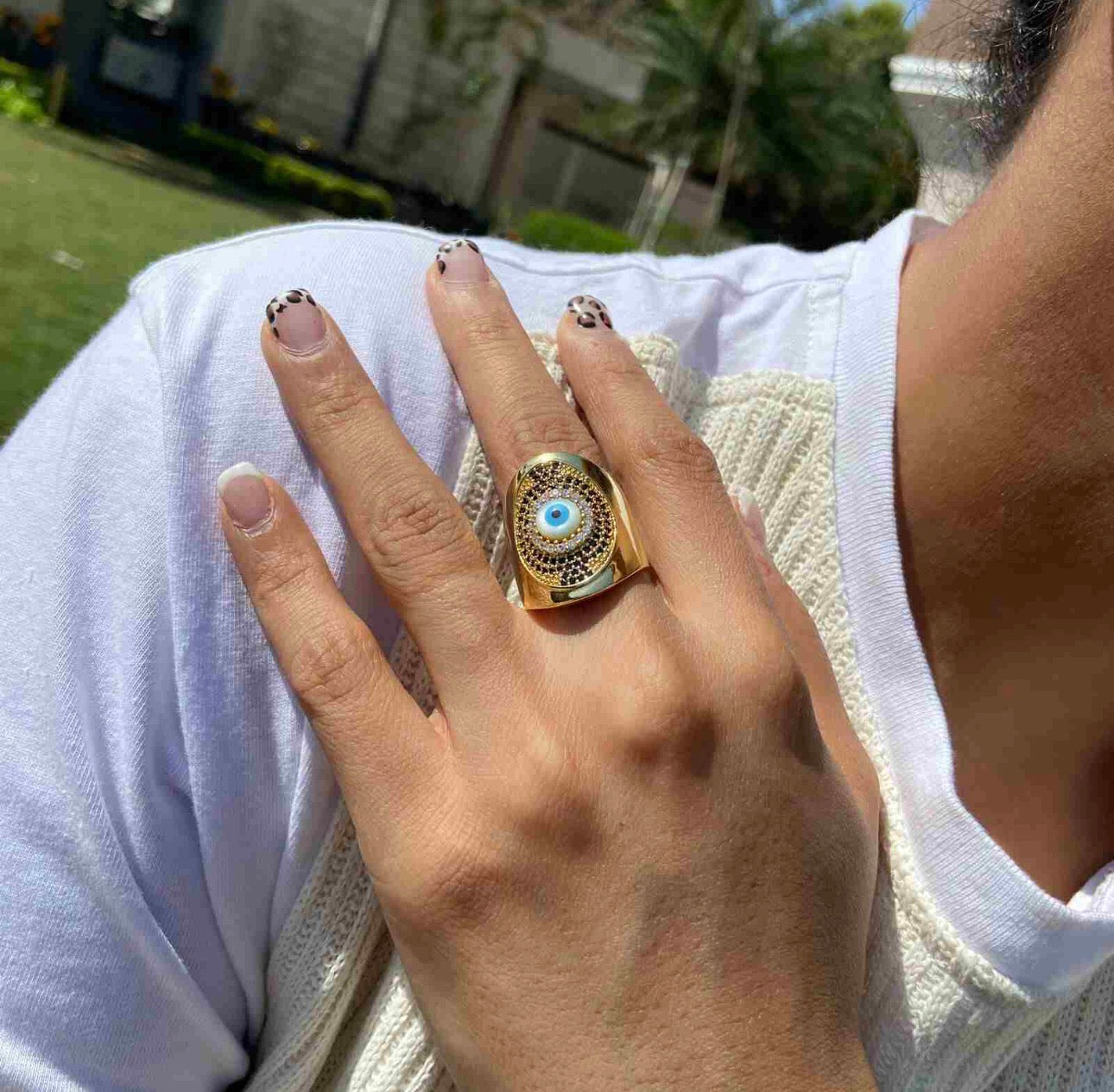 Gold Plated Metal Rhinestones Evil Eye Ring