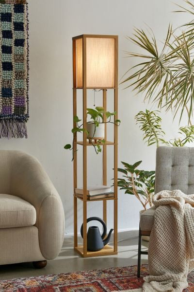 Wooden Floor Lamp with 4-Tier Shelves