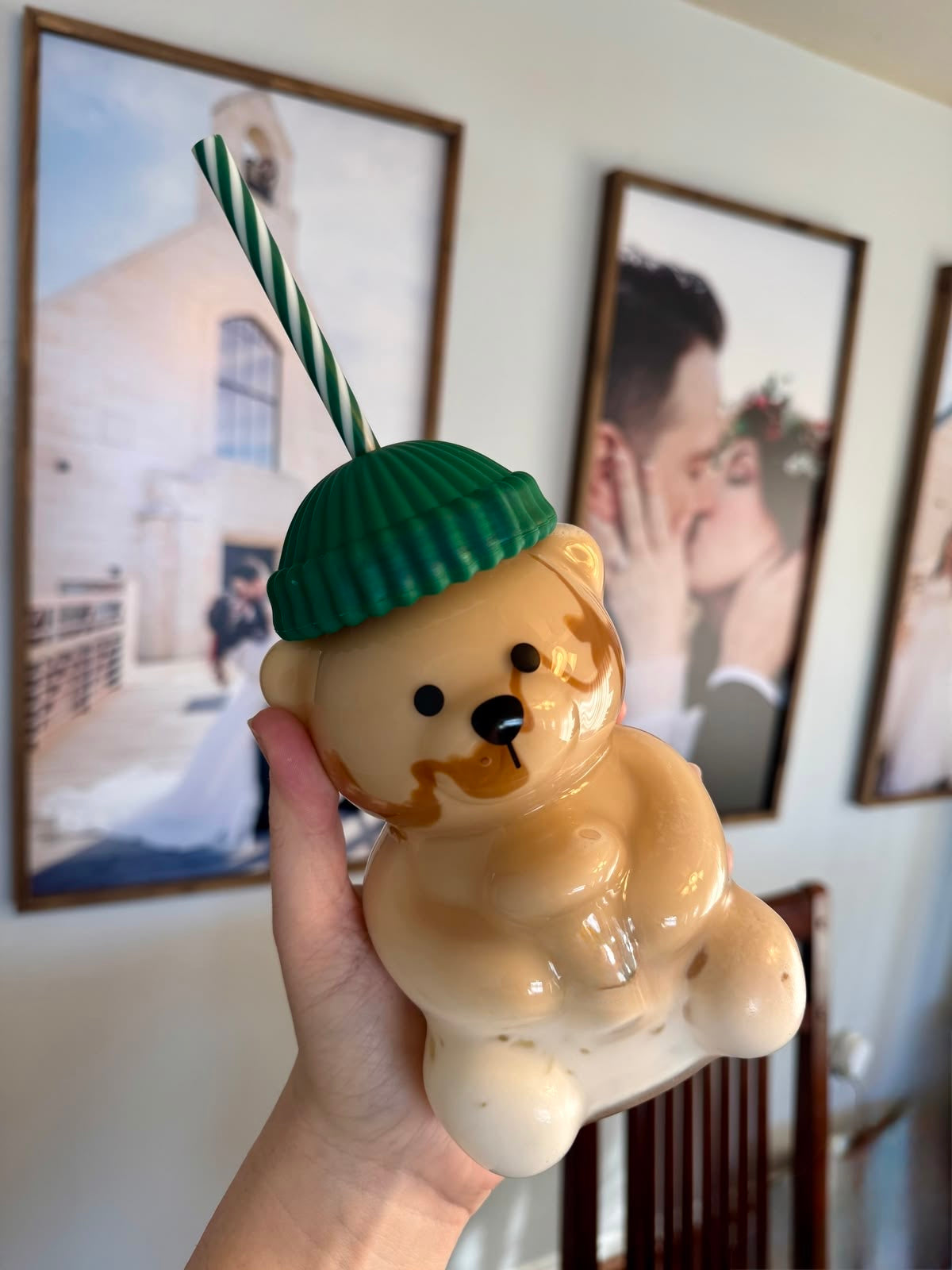 Cute Teddy Glass Tumbler with Straw & Lid