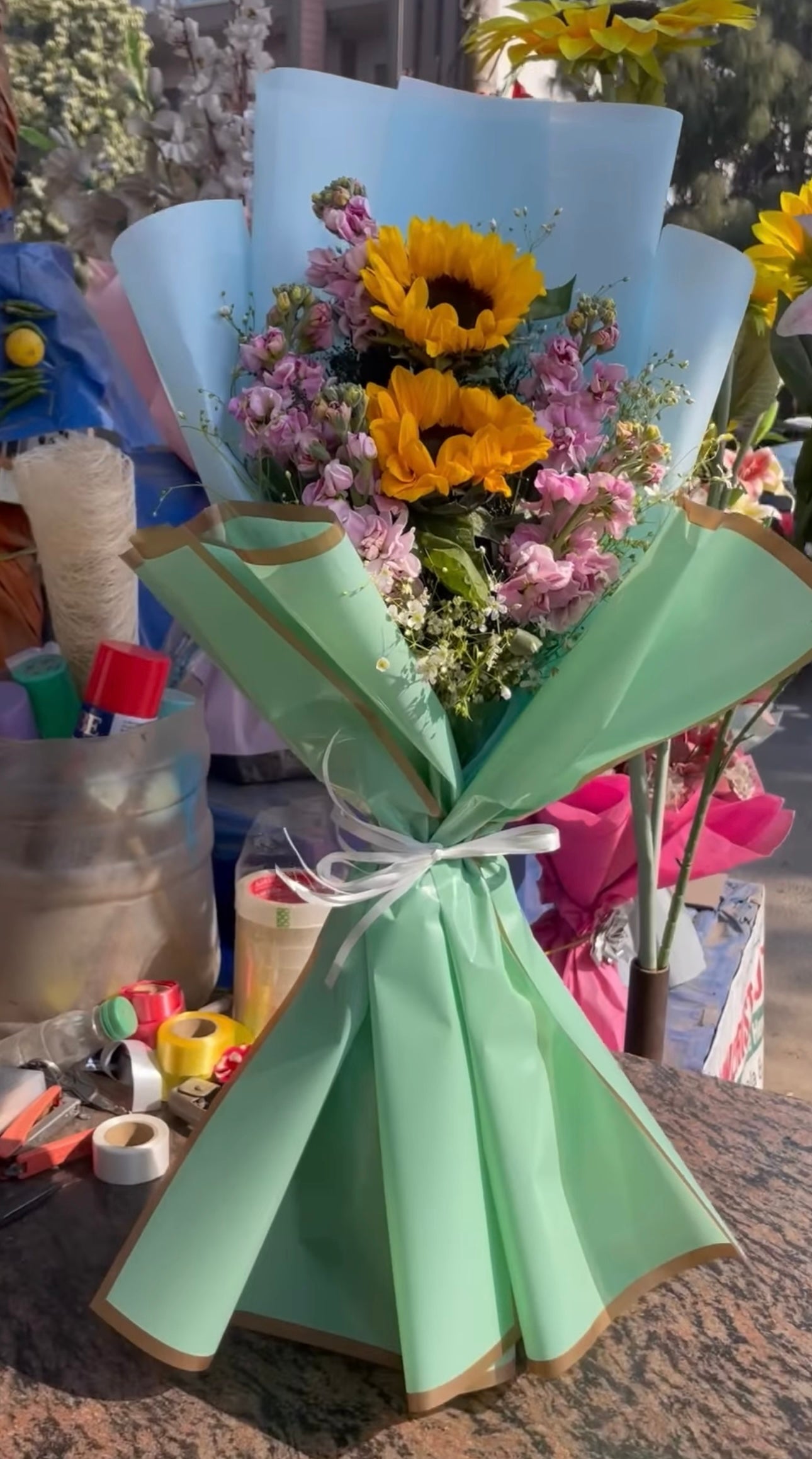 Premium Dual Tone Fresh Flowers Bouquet with Korean Sheets (Only deliverable in Delhi/NCR)