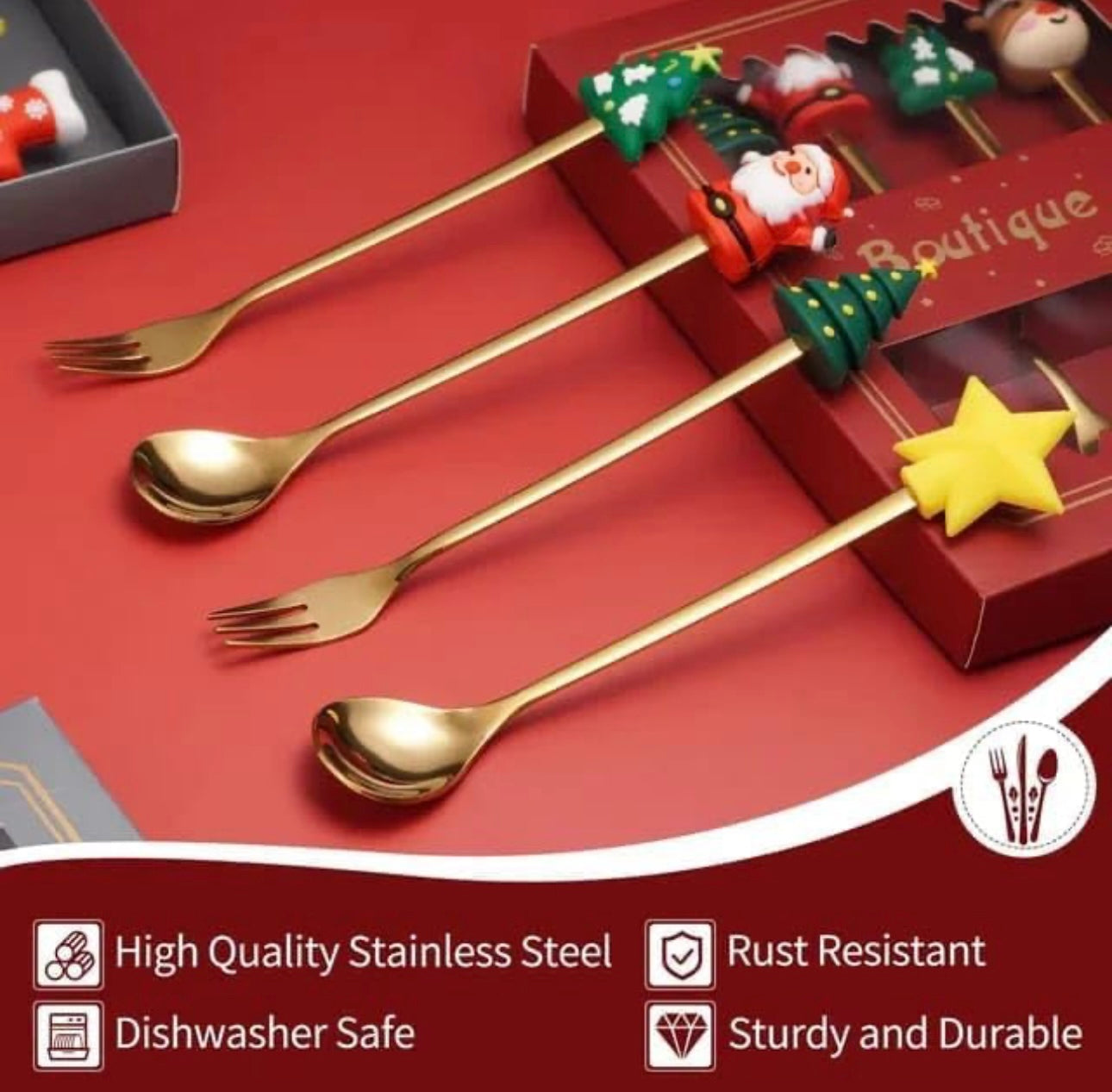 Cute Christmas Theme Cutlery - Gold Spoons & Forks Set