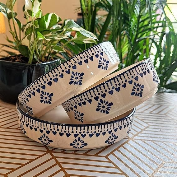 Elegant Motif Print Ceramic Stoneware Premium Bowls - Set of 3