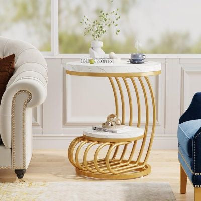 Gold 2-Tier Side Table with White Faux Marble Top