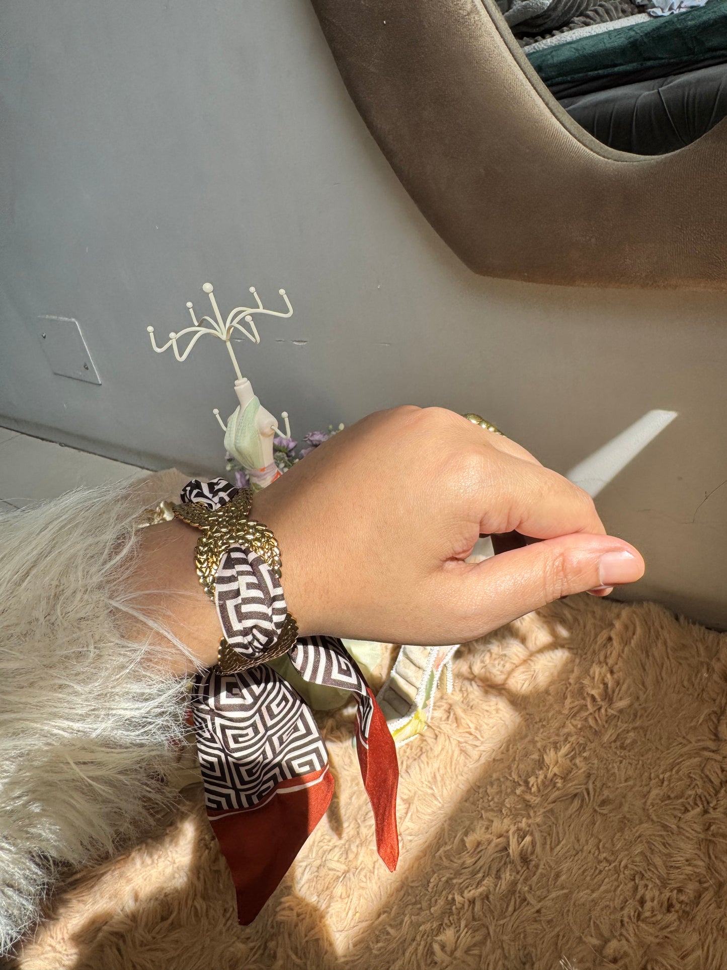 Premium Metal Cuff Statement Adjustable Bracelet with Satin Scarf