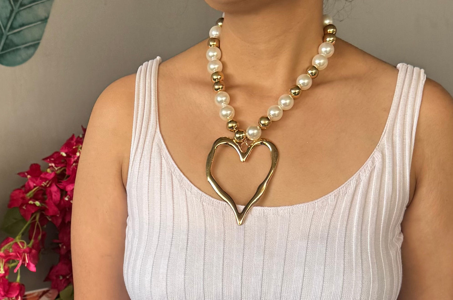 Gold Plated Large Metal Heart Pearls Statement Necklace