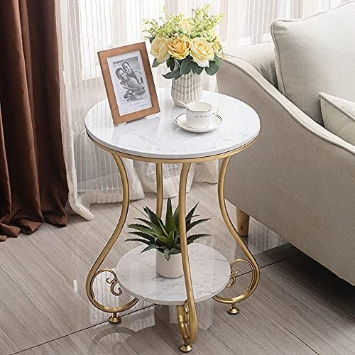 Elegant Gold 2-Tier Side Table with White Faux Marble Top