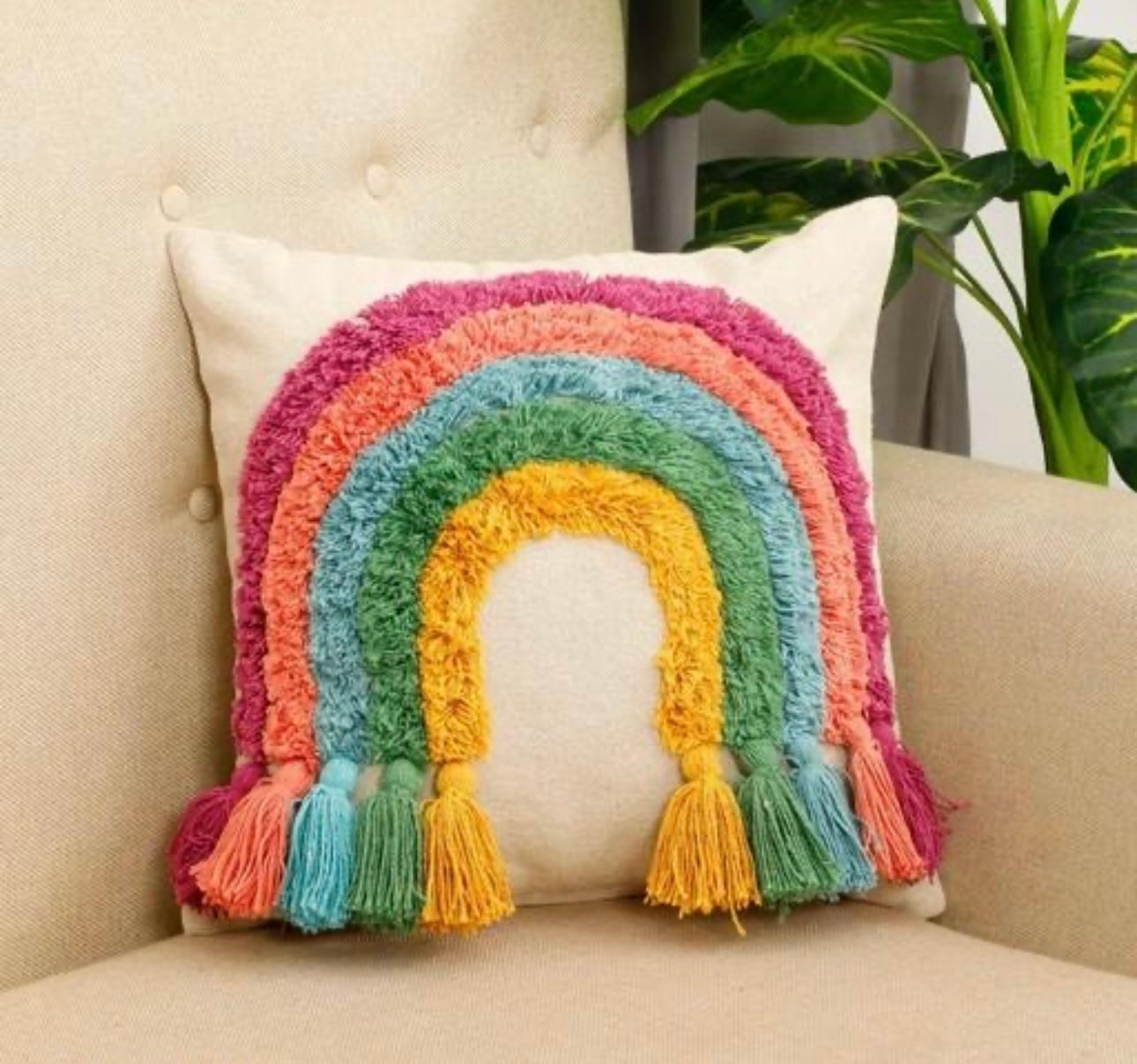 Woven Rainbow Tassels Tufted Boho Pillow Cover