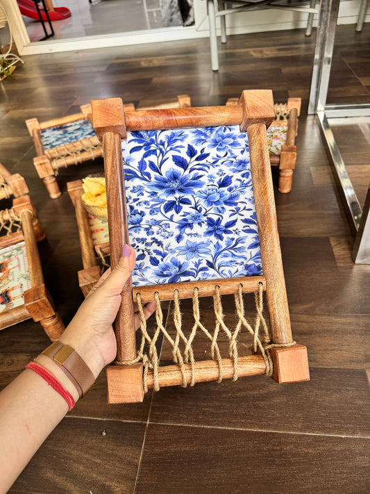 Traditional Blue Pichwai Print Wooden Khatiya/Cot Tray