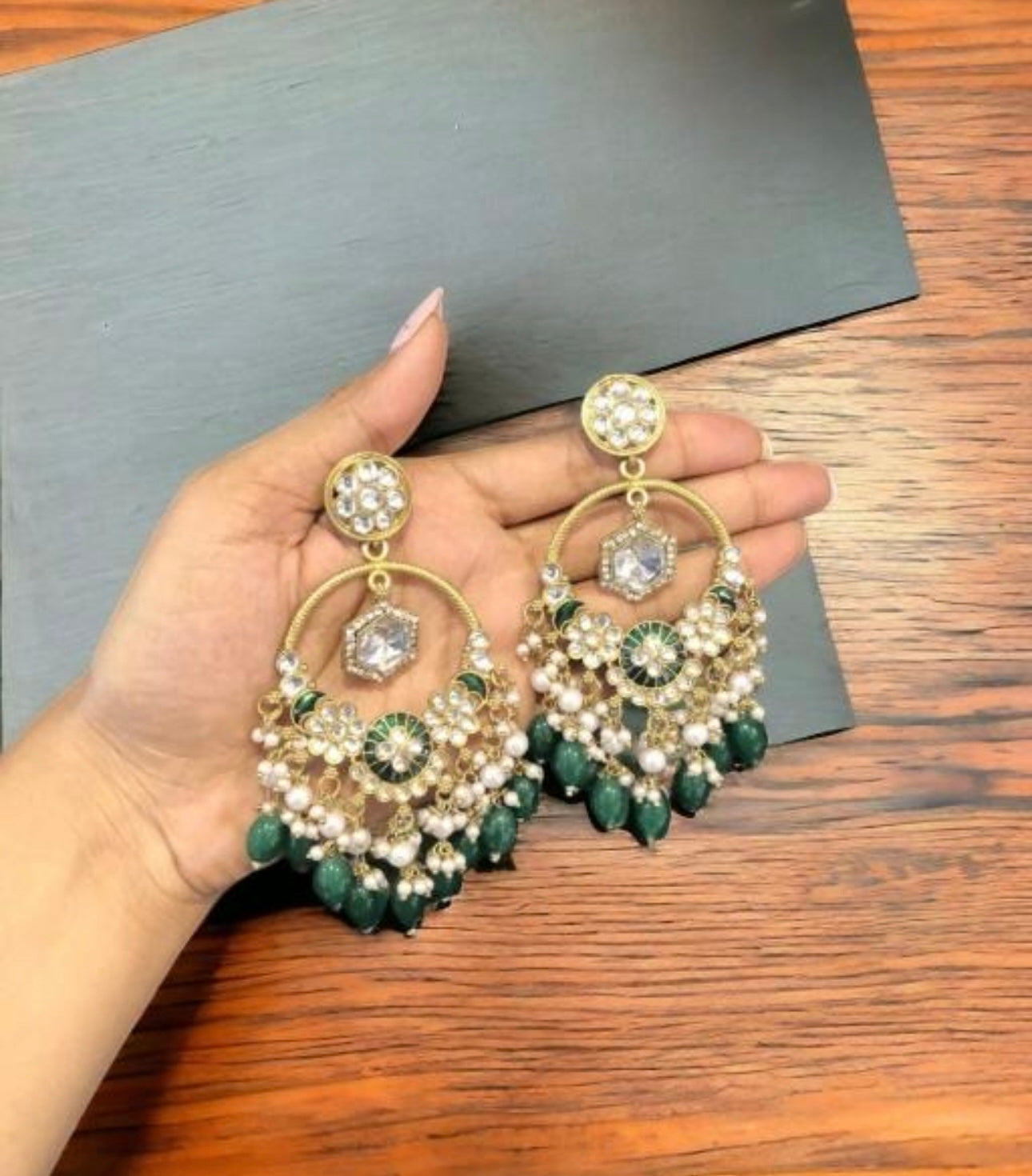 Green Elegant Heavy Chandbali Pearls Earrings